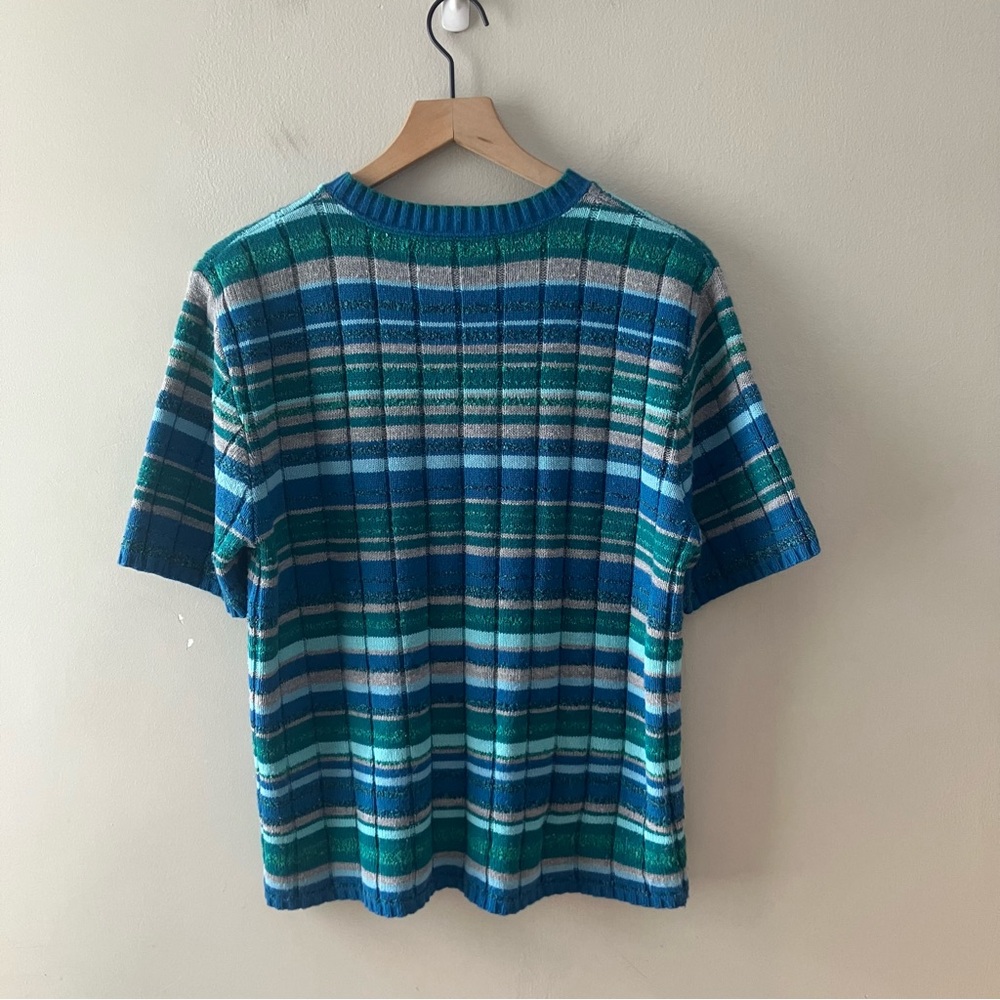 VINTAGE Striped Ribbed Short Sleeve Crewneck Sweater - Picture 2 of 4